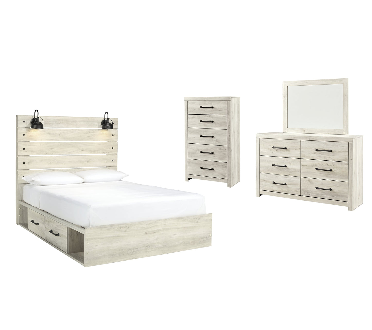 Cambeck Twin Panel Bed with 4 Storage Drawers with Mirrored Dresser and Chest Cloud 9 Mattress & Furniture