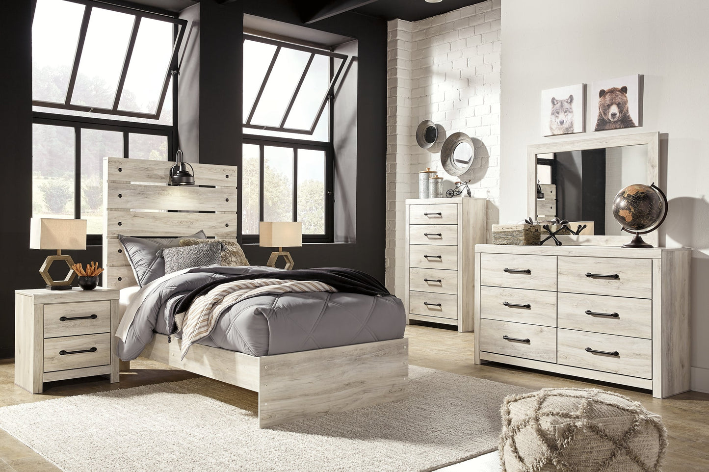 Cambeck Twin Panel Bed with Mirrored Dresser, Chest and 2 Nightstands Cloud 9 Mattress & Furniture
