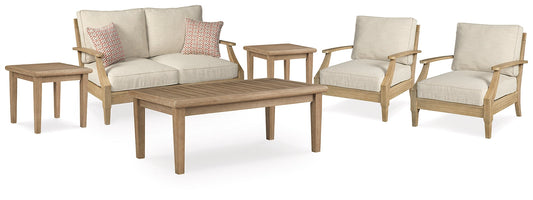 Clare View Outdoor Loveseat and 2 Lounge Chairs with Coffee Table and 2 End Tables Cloud 9 Mattress & Furniture