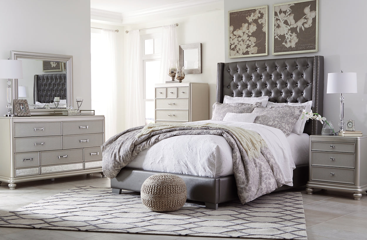 Coralayne California King Upholstered Bed with Mirrored Dresser, Chest and Nightstand Cloud 9 Mattress & Furniture