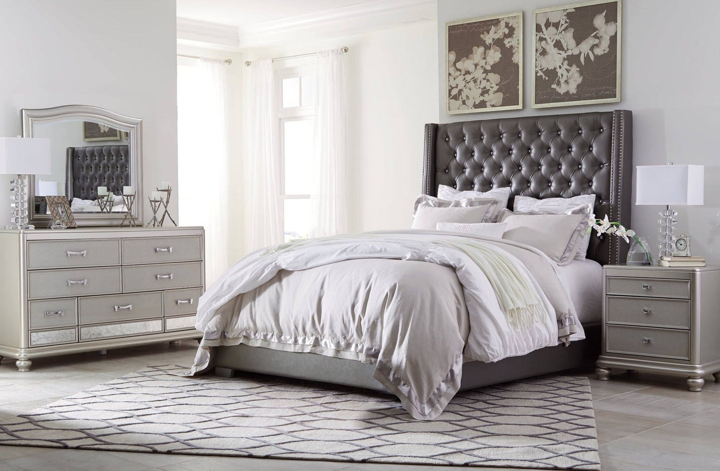 Coralayne California King Upholstered Bed with Mirrored Dresser and 2 Nightstands Cloud 9 Mattress & Furniture