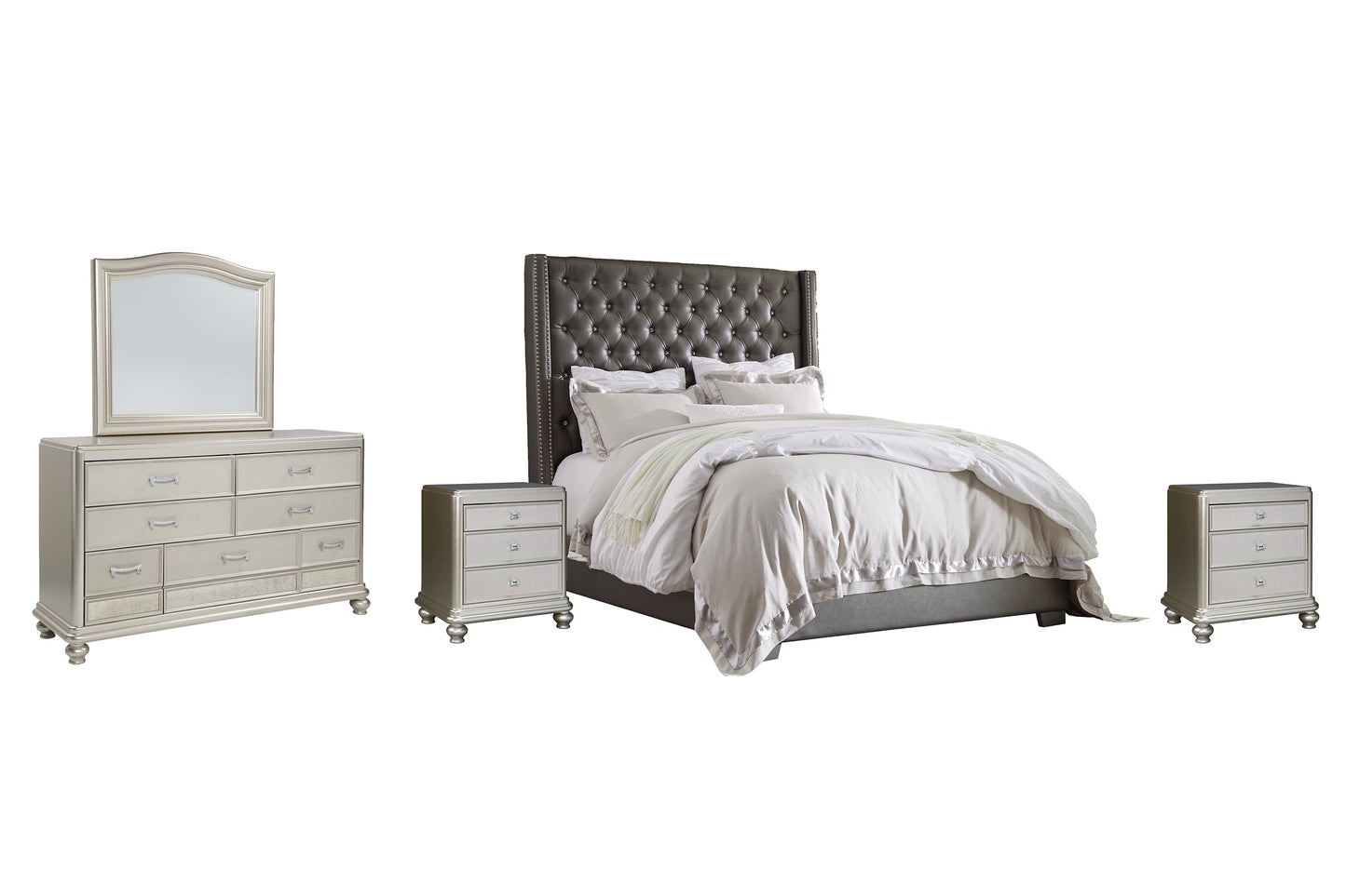 Coralayne California King Upholstered Bed with Mirrored Dresser and 2 Nightstands Cloud 9 Mattress & Furniture