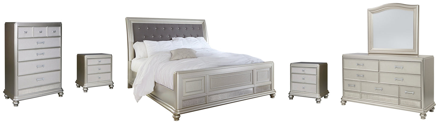 Coralayne California King Upholstered Sleigh Bed with Mirrored Dresser, Chest and 2 Nightstands Cloud 9 Mattress & Furniture