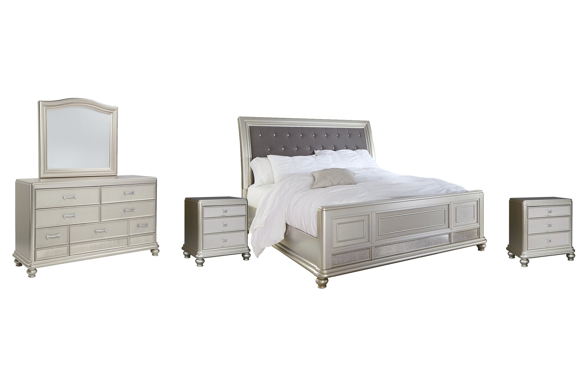 Coralayne California King Upholstered Sleigh Bed with Mirrored Dresser and 2 Nightstands Cloud 9 Mattress & Furniture