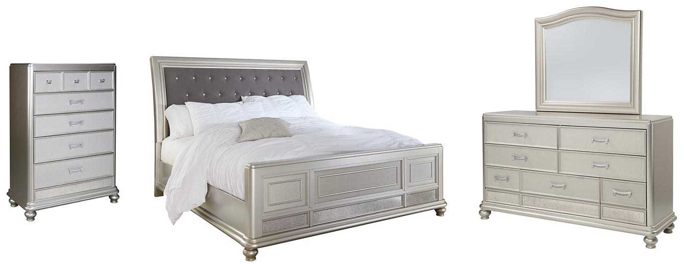Coralayne California King Upholstered Sleigh Bed with Mirrored Dresser and Chest Cloud 9 Mattress & Furniture