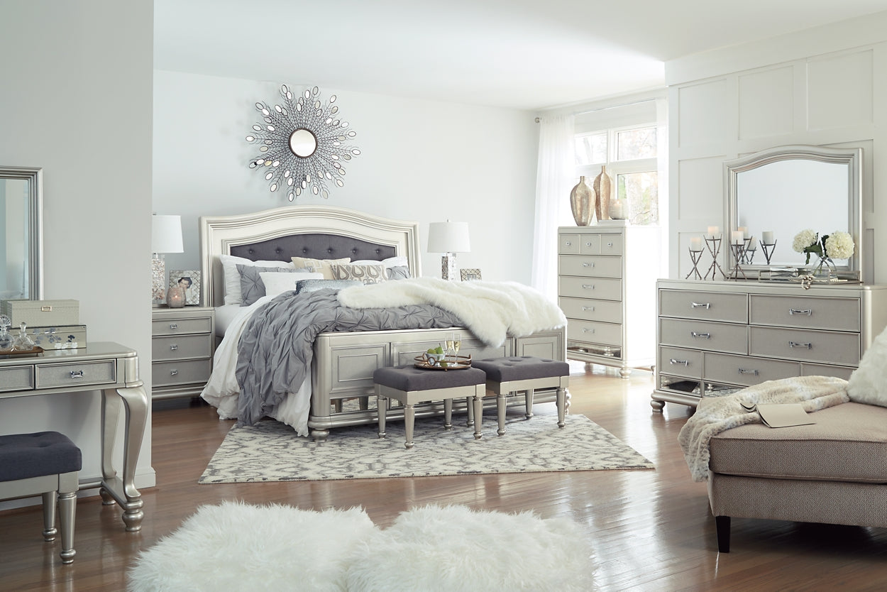 Coralayne King Upholstered Sleigh Bed with Mirrored Dresser and Chest Cloud 9 Mattress & Furniture