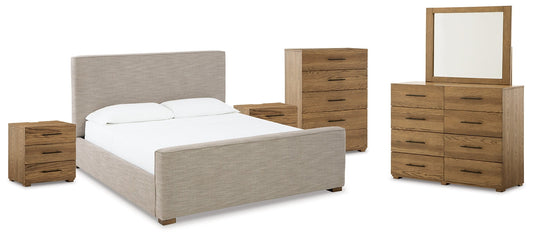 Dakmore California King Upholstered Bed with Mirrored Dresser, Chest and 2 Nightstands Cloud 9 Mattress & Furniture