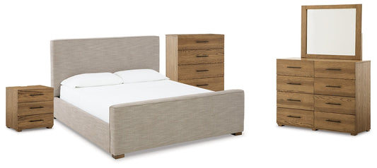Dakmore California King Upholstered Bed with Mirrored Dresser, Chest and Nightstand Cloud 9 Mattress & Furniture