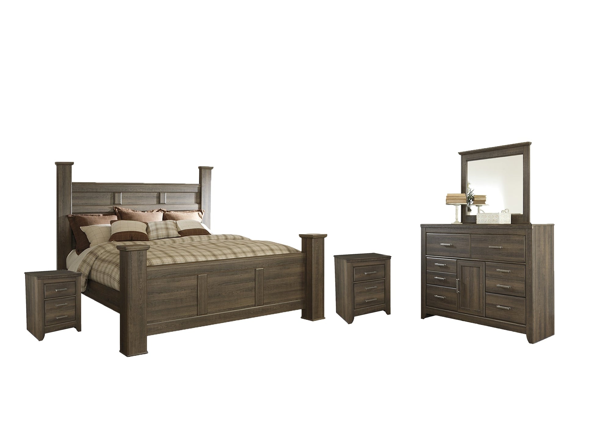 Juararo King Poster Bed with Mirrored Dresser and 2 Nightstands at Cloud 9 Mattress & Furniture furniture, home furnishing, home decor