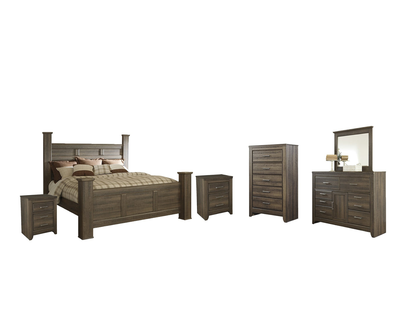 Juararo King Poster Bed with Mirrored Dresser, Chest and 2 Nightstands at Cloud 9 Mattress & Furniture furniture, home furnishing, home decor