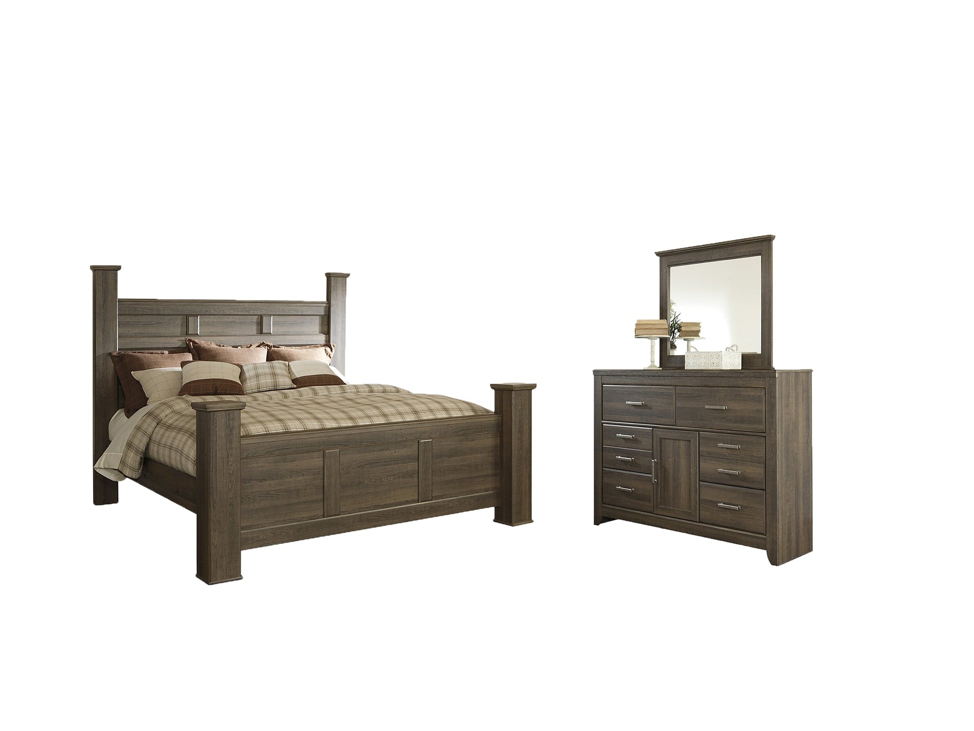 Juararo King Poster Bed with Mirrored Dresser at Cloud 9 Mattress & Furniture furniture, home furnishing, home decor