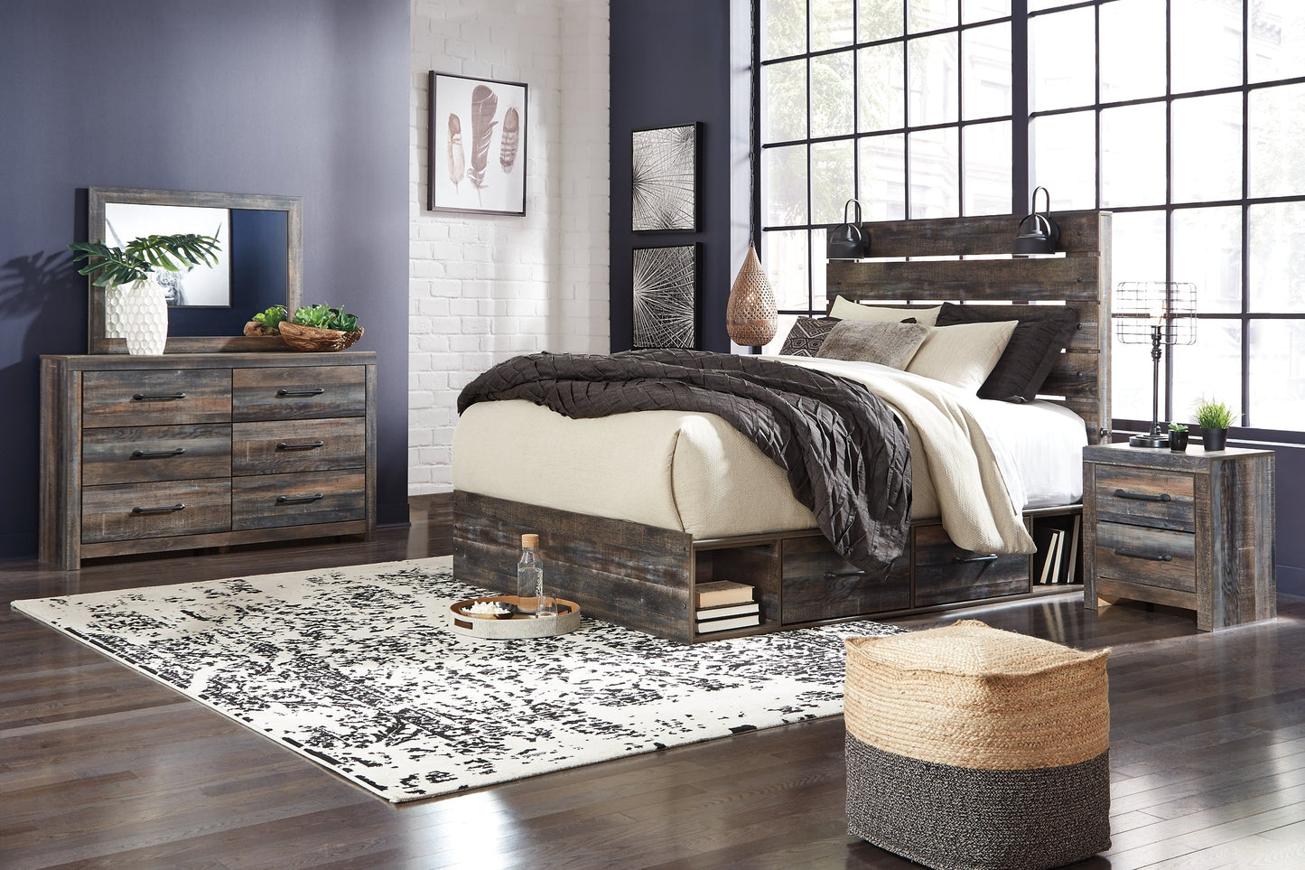 Drystan King Panel Bed with 4 Storage Drawers with Mirrored Dresser, Chest and 2 Nightstands at Cloud 9 Mattress & Furniture furniture, home furnishing, home decor