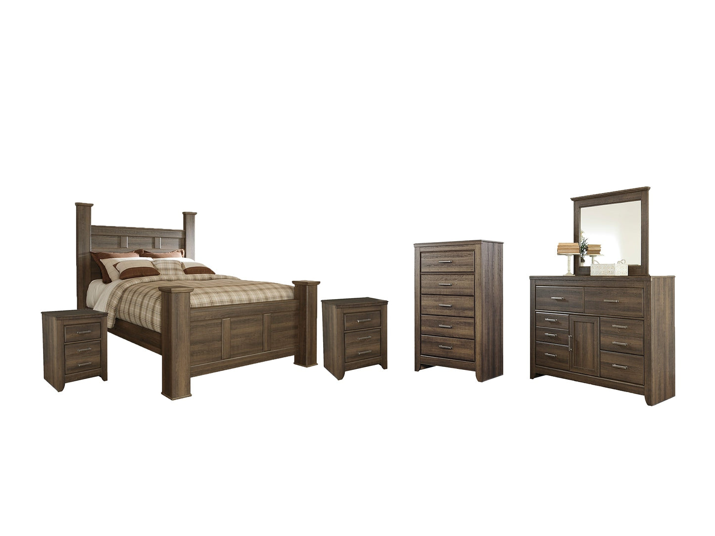 Juararo Queen Poster Bed with Mirrored Dresser, Chest and 2 Nightstands at Cloud 9 Mattress & Furniture furniture, home furnishing, home decor