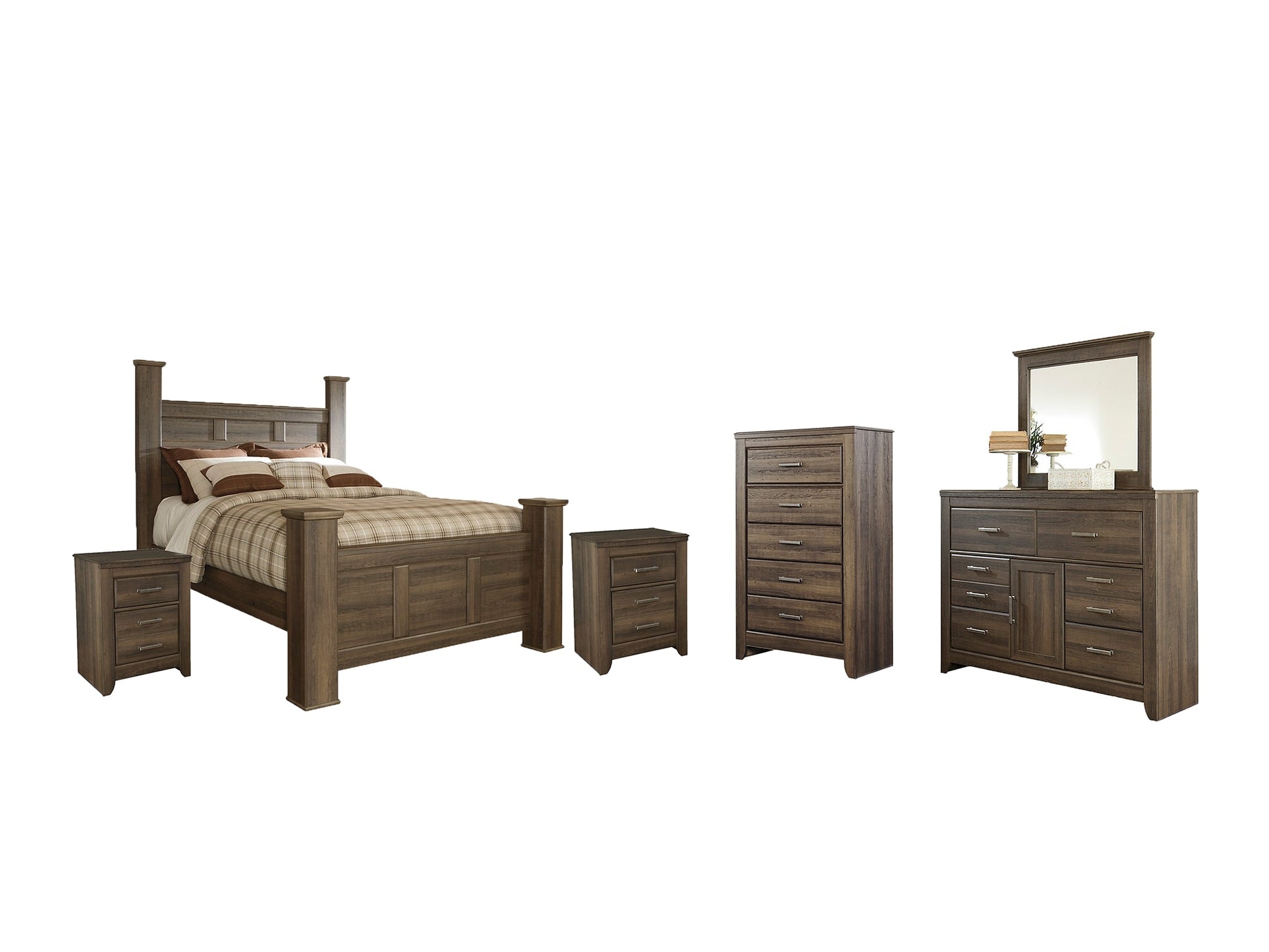 Juararo Queen Poster Bed with Mirrored Dresser, Chest and 2 Nightstands at Cloud 9 Mattress & Furniture furniture, home furnishing, home decor